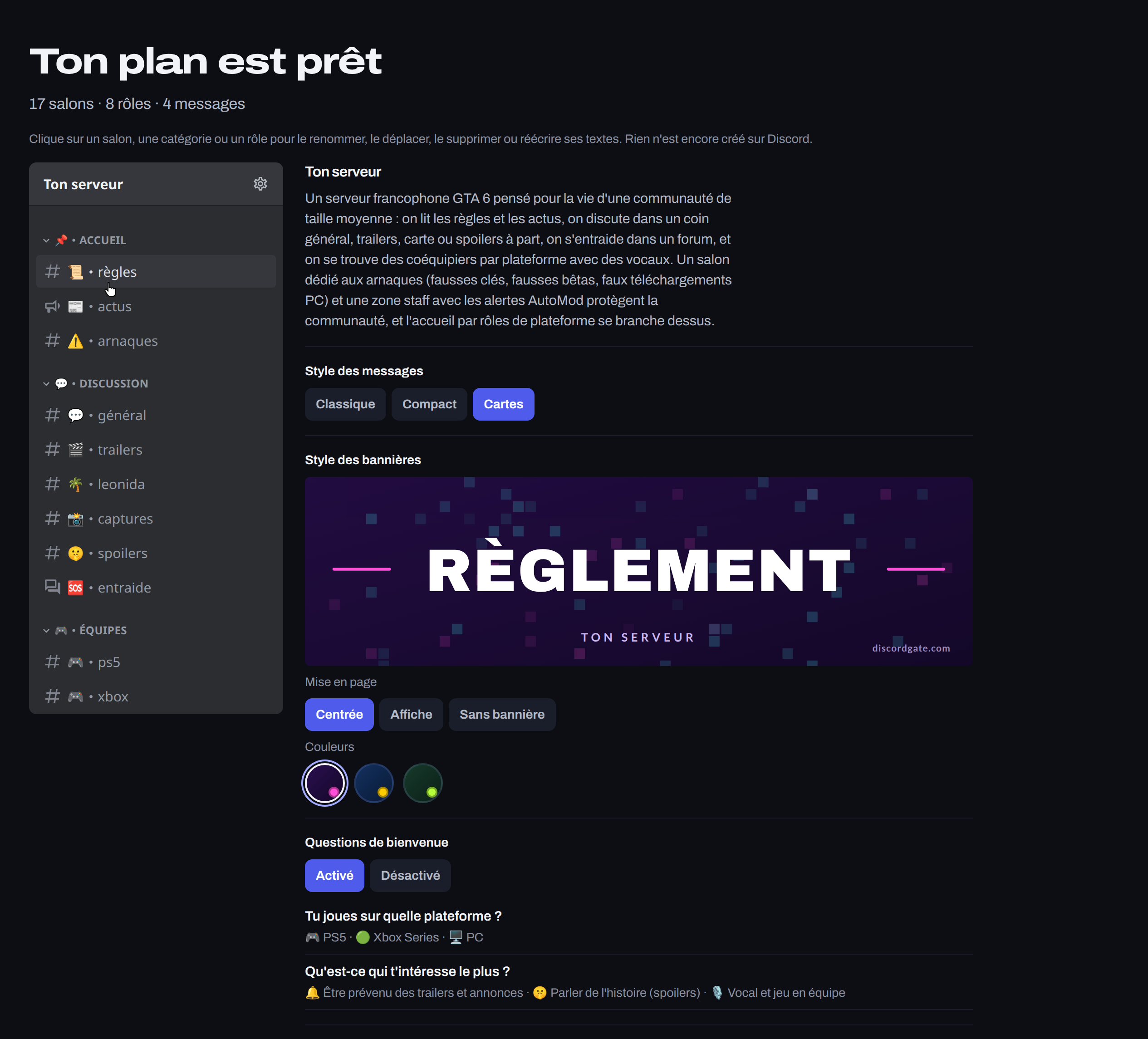 Le plan tiré du template GTA 6 : les salons et les rôles à gauche, le style des messages et des bannières à droite
