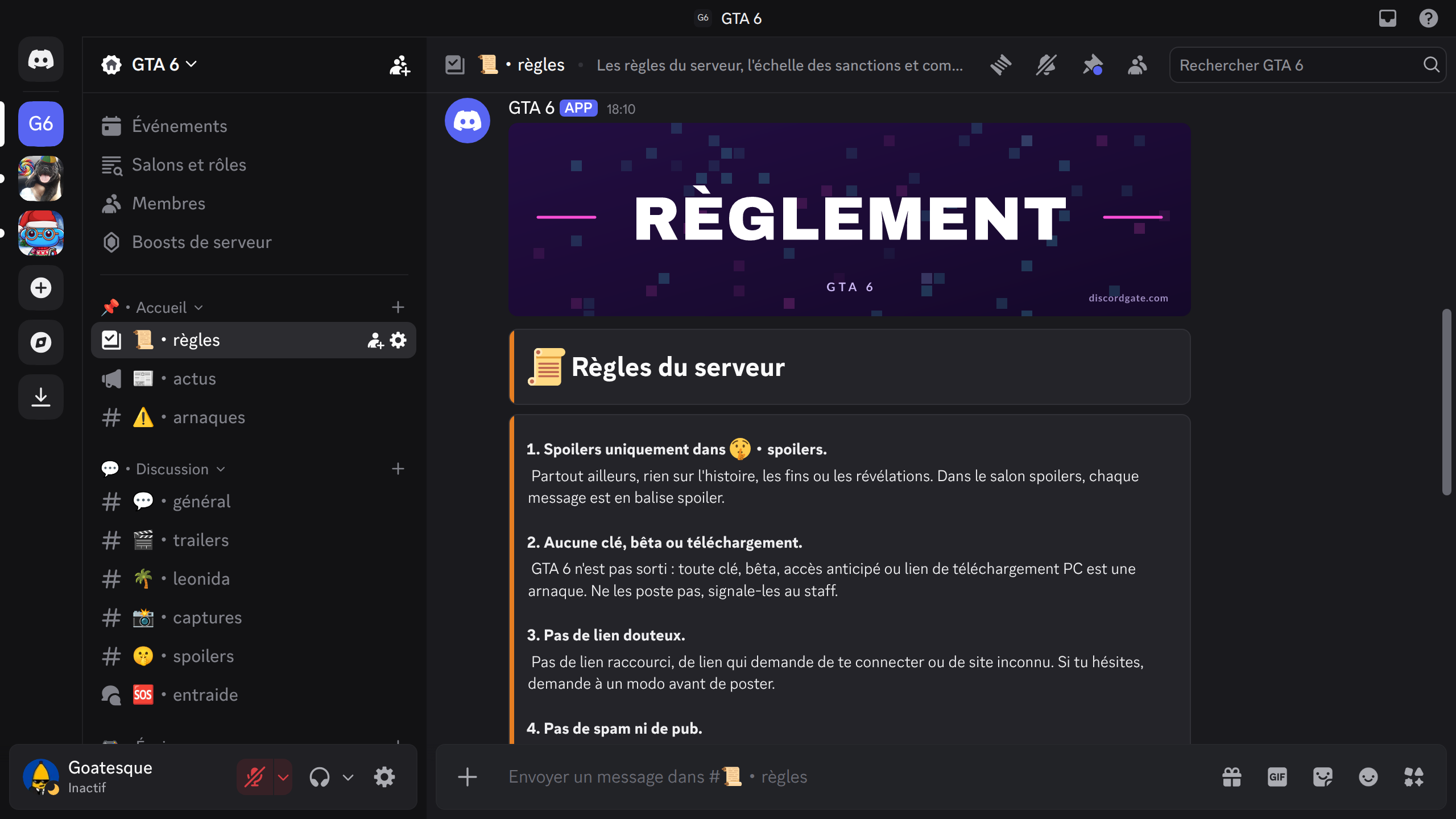 Le salon règles d'un serveur GTA 6 : une bannière Règlement, puis les règles sur les spoilers, les fausses clés et les liens douteux