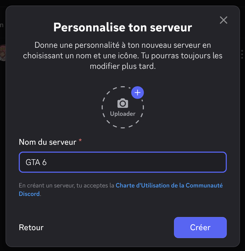 La fenêtre Personnalise ton serveur de Discord, avec GTA 6 comme nom de serveur