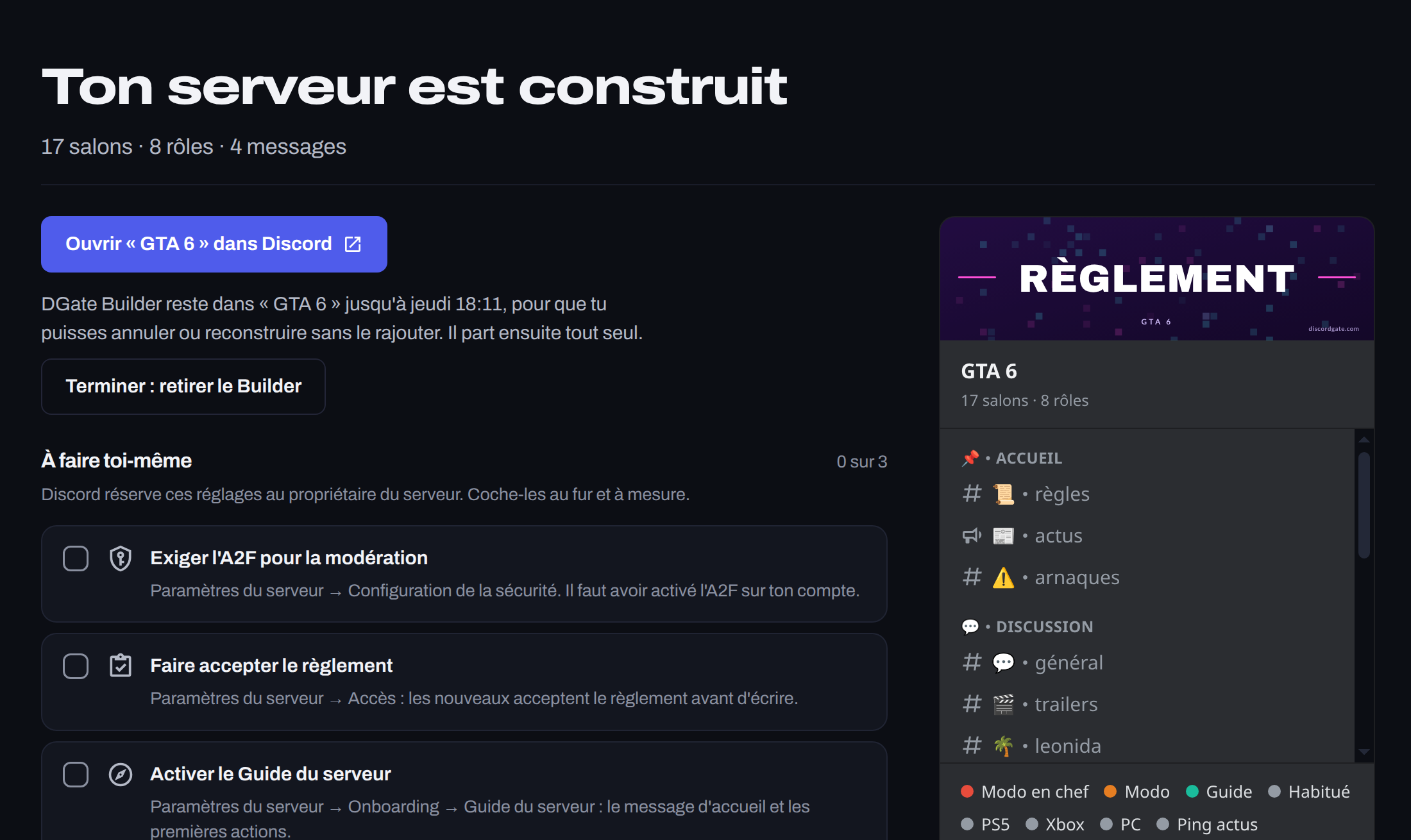 Ton serveur est construit : 17 salons, 8 rôles et 4 messages, avec les trois réglages à faire dans Discord